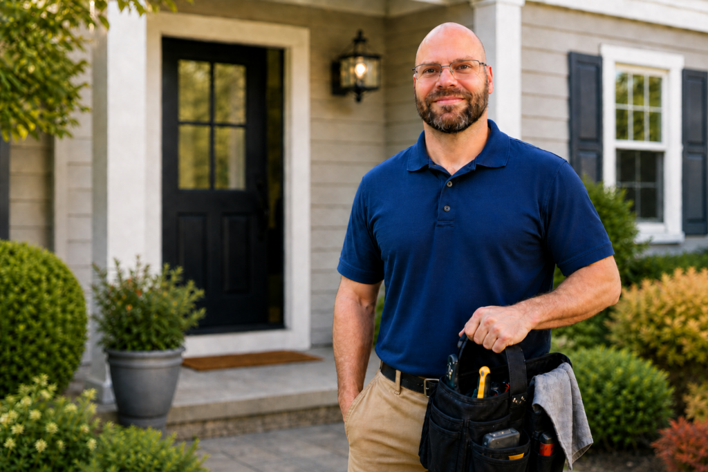 Home Maintenance Professional with tool bag at home entrance